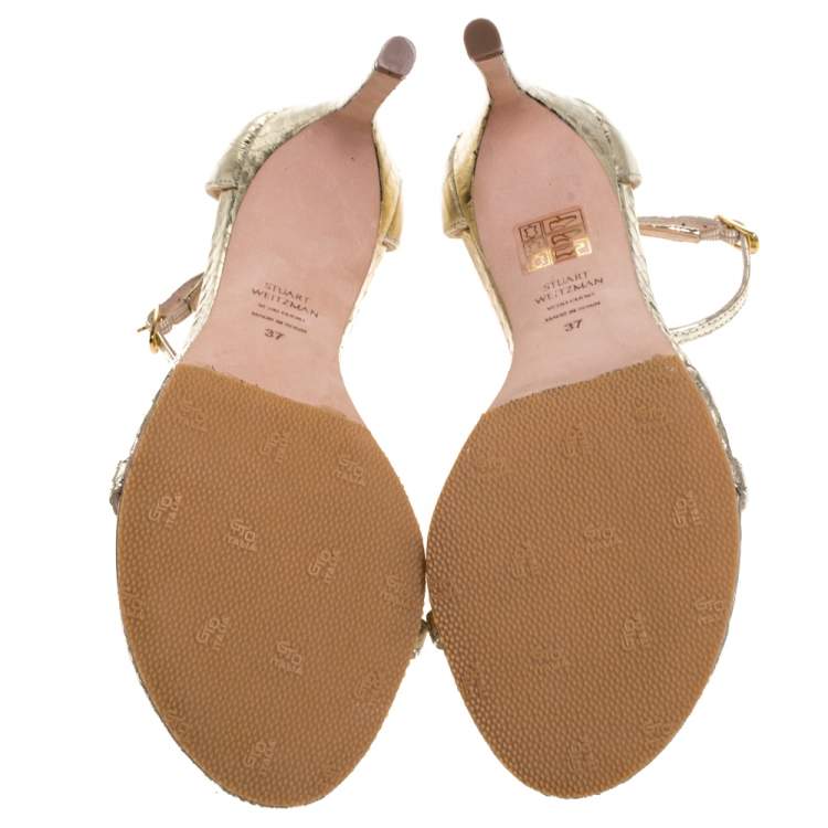 Pre Owned Stuart Weitzman Gold Python Embossed Leather Ankle Strap Open Toe Sandals Size 37