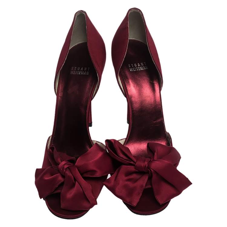Pre Owned Stuart Weitzman Red Satin Bow Peep Toe Pumps Size 41