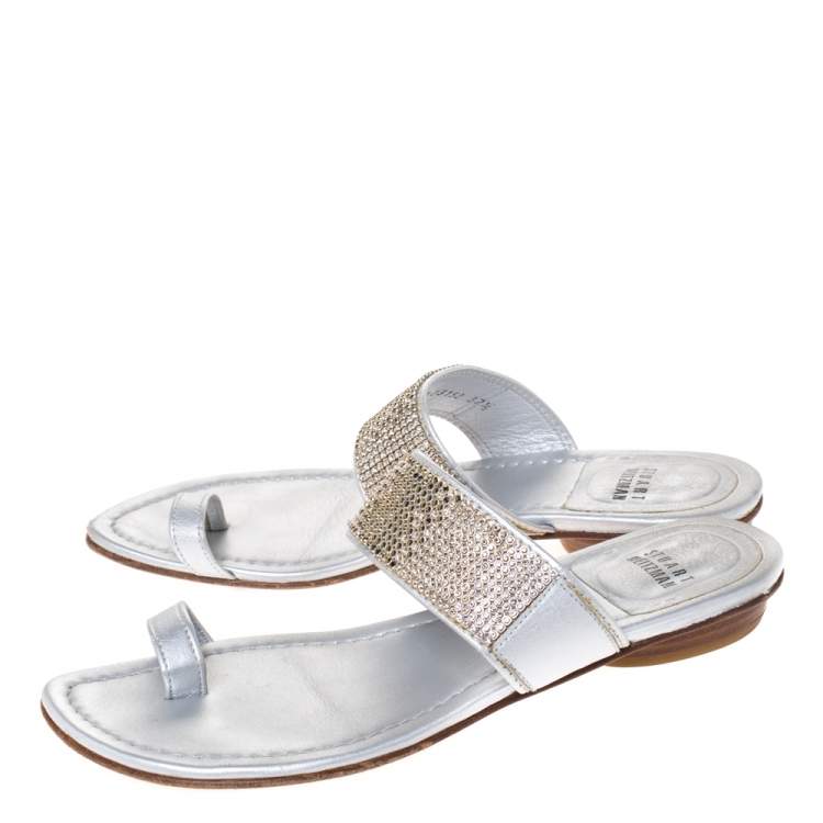 Pre Owned Stuart Weitzman Silver Leather Crystal Embellished Toe Ring Flats Size 37.5