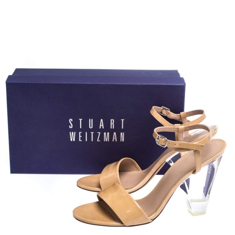 Pre Owned Stuart Weitzman Beige Patent Leather Nearlynude Lucite Ankle Strap Sandals Size 40