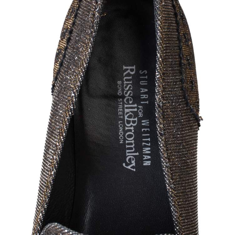 Pre Owned Stuart Weitzman For Russell & Bromley Black/Gold Lamé Fabric Tassel Detail Slip On Loafers Size 38