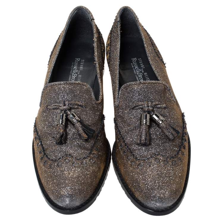 Pre Owned Stuart Weitzman For Russell & Bromley Black/Gold Lamé Fabric Tassel Detail Slip On Loafers Size 38
