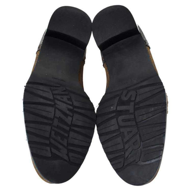 Pre Owned Stuart Weitzman For Russell & Bromley Black/Gold Lamé Fabric Tassel Detail Slip On Loafers Size 38