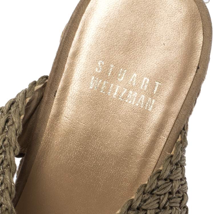 Pre Owned Stuart Weitzman Khaki Woven Fabric Espadrille Wedge Sandals Size 39