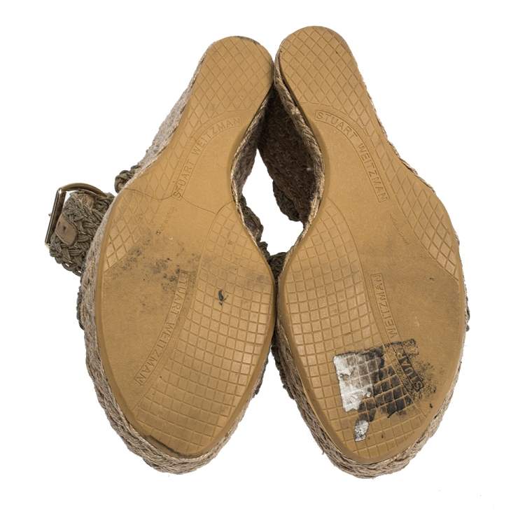 Pre Owned Stuart Weitzman Khaki Woven Fabric Espadrille Wedge Sandals Size 39