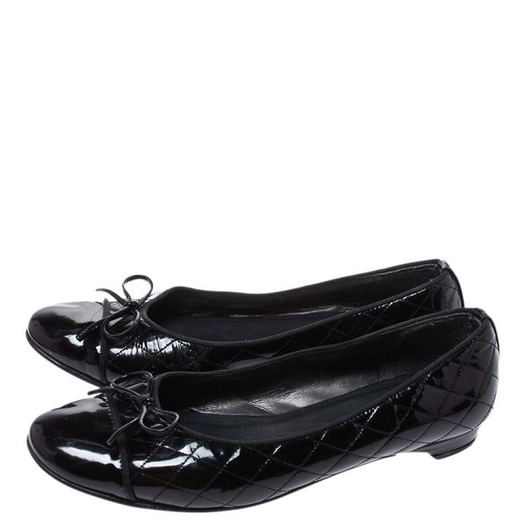 Pre Owned Stuart Weitzman Black Quilted Patent Leather Bow Ballet Flats Size 39.5 