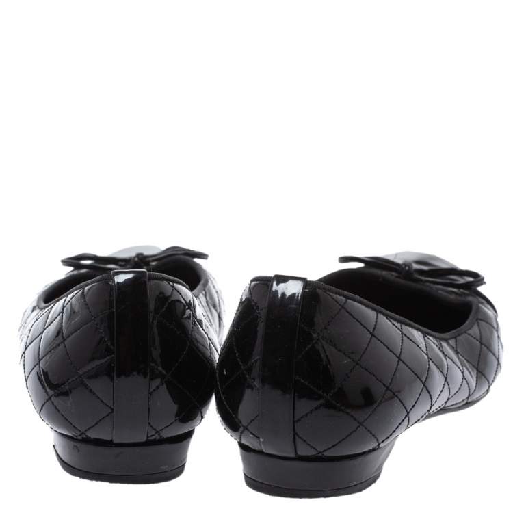 Pre Owned Stuart Weitzman Black Quilted Patent Leather Bow Ballet Flats Size 39.5 