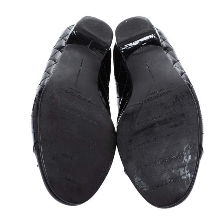 Pre Owned Stuart Weitzman Black Quilted Patent Leather Bow Ballet Flats Size 39.5 