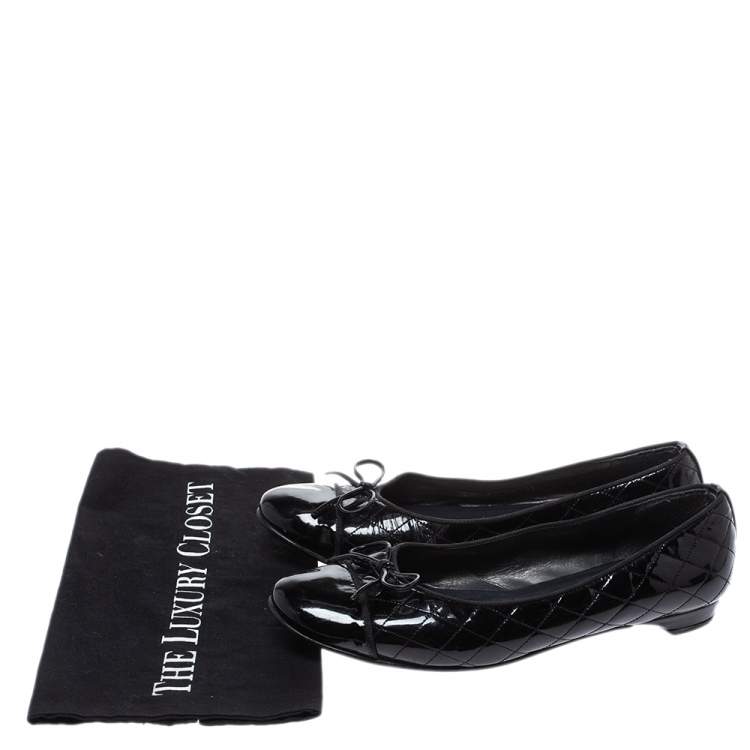 Pre Owned Stuart Weitzman Black Quilted Patent Leather Bow Ballet Flats Size 39.5 