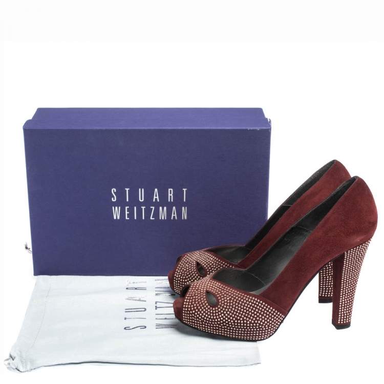 Pre Owned Stuart Weitzman Burgundy Suede Studded Cut Out Peep Toe Platform Pumps Size 38.5