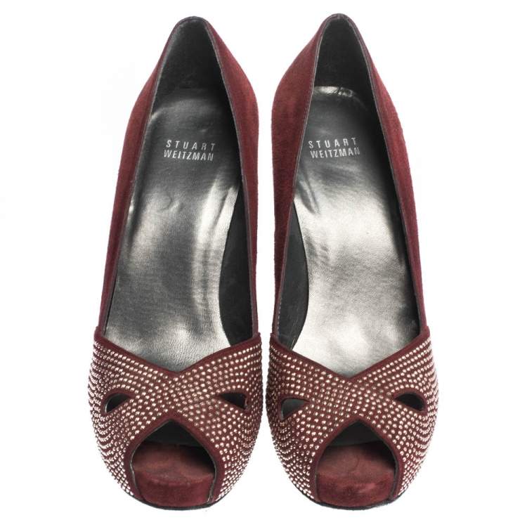 Pre Owned Stuart Weitzman Burgundy Suede Studded Cut Out Peep Toe Platform Pumps Size 38.5
