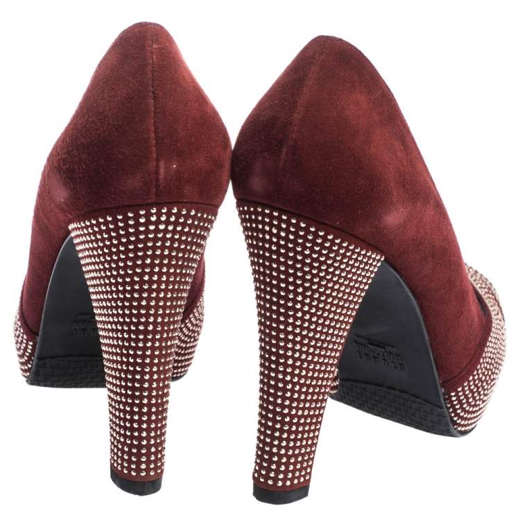 Pre Owned Stuart Weitzman Burgundy Suede Studded Cut Out Peep Toe Platform Pumps Size 38.5