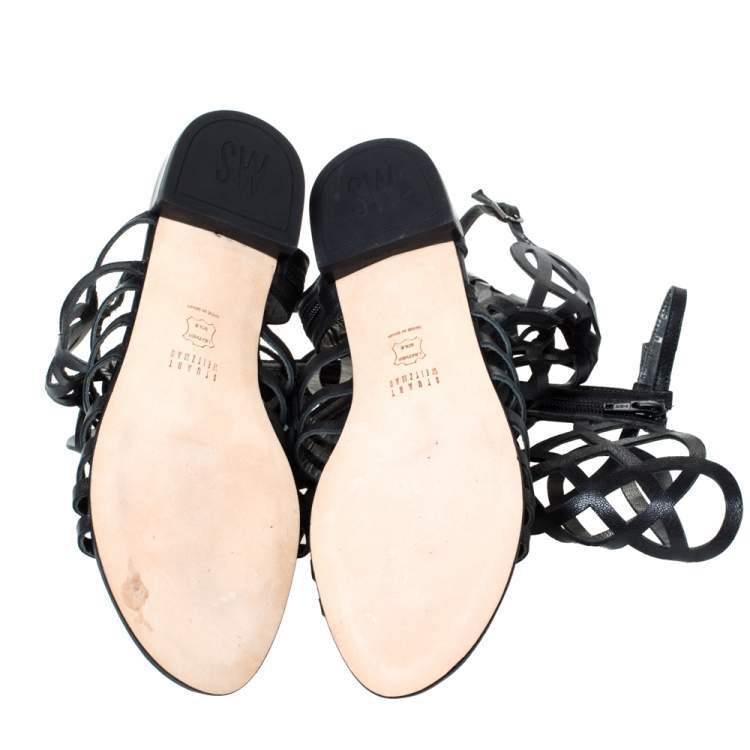 Pre Owned Stuart Weitzman Black Leather Aphrodite Gladiator Flat Sandals Size 38.5 
