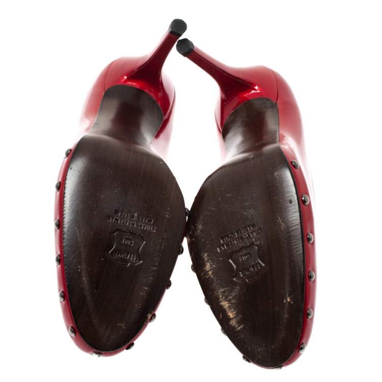 Pre Owned Stuart Weitzman Red Patent Leather Studded Platform Pumps Size 40