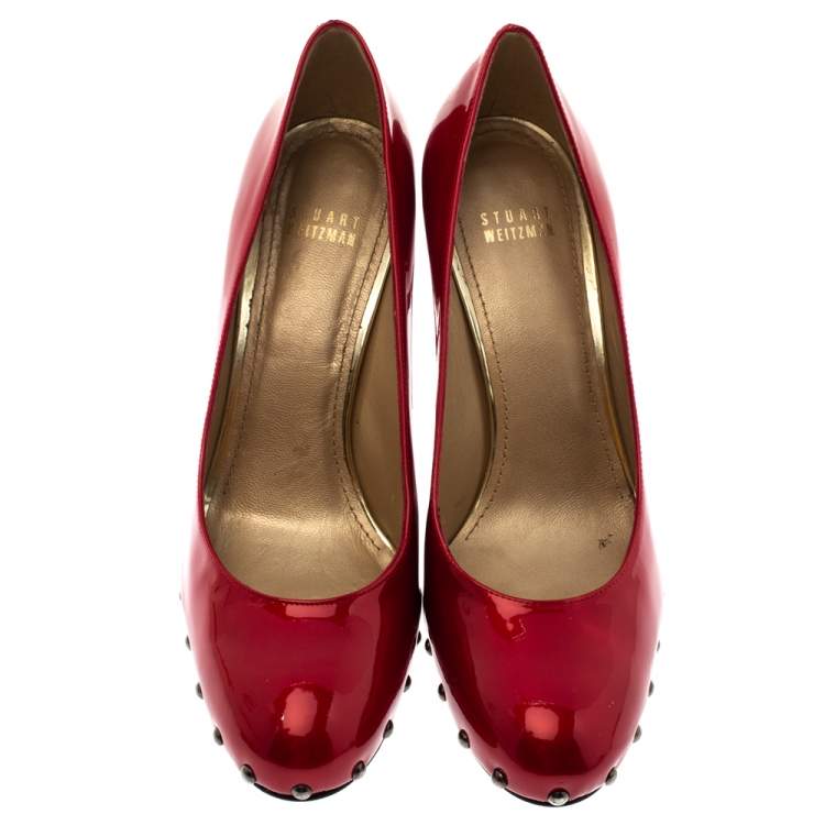 Pre Owned Stuart Weitzman Red Patent Leather Studded Platform Pumps Size 40