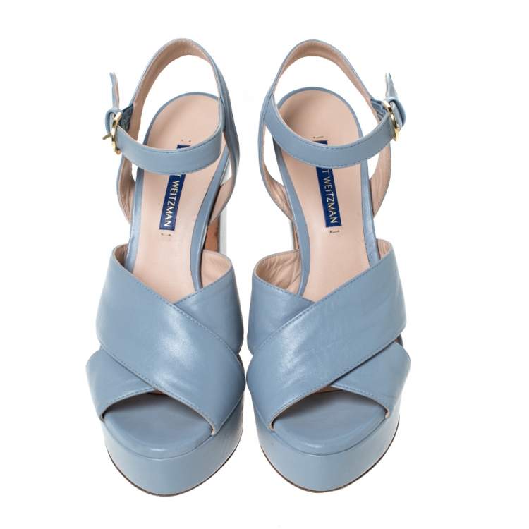 Pre Owned Stuart Weitzman Grey Leather Joni Platform Ankle Strap Sandals Size 38