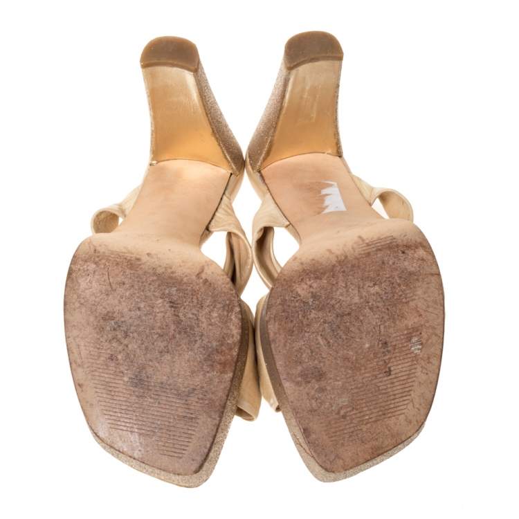 Pre Owned Stuart Weitzman Beige Twist Leather And Silver Glitter Platform Slide Sandals Size 39.5