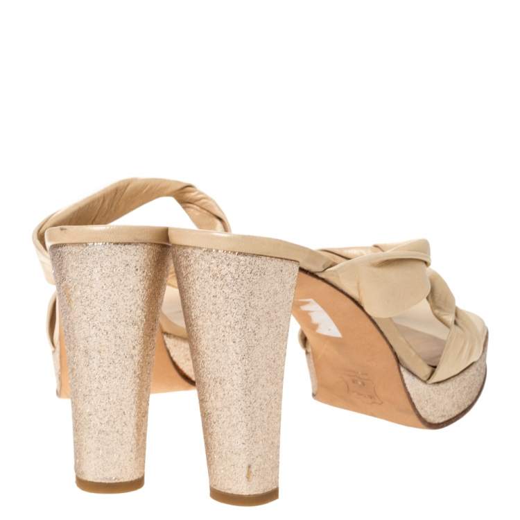 Pre Owned Stuart Weitzman Beige Twist Leather And Silver Glitter Platform Slide Sandals Size 39.5