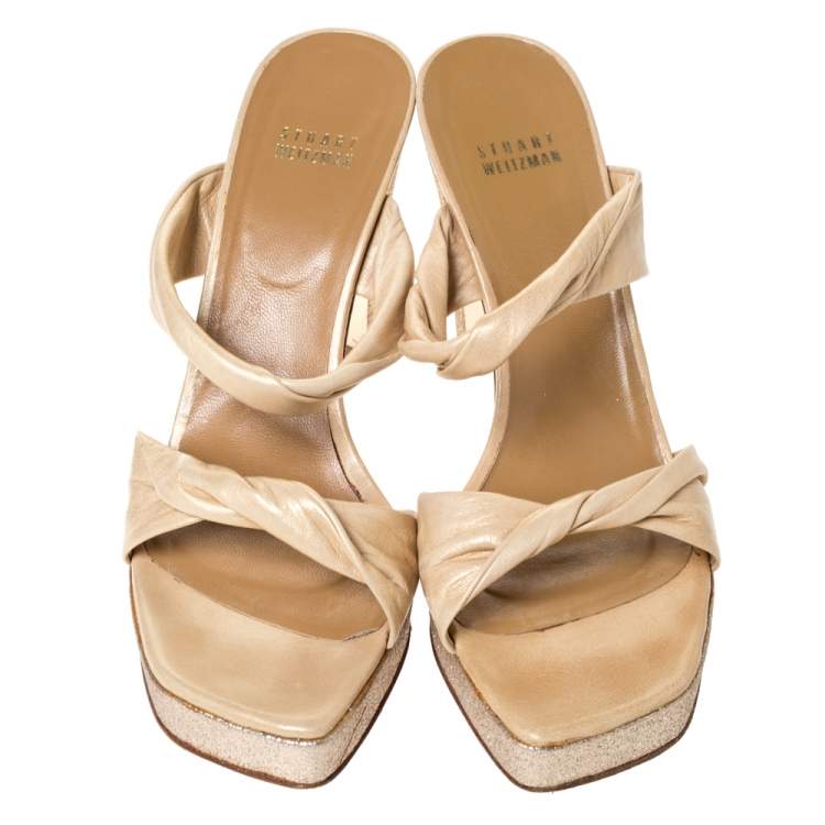 Pre Owned Stuart Weitzman Beige Twist Leather And Silver Glitter Platform Slide Sandals Size 39.5