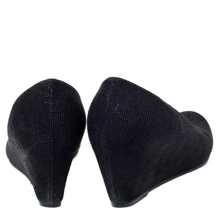 Pre Owned Stuart Weitzman Black Textured Suede Leather Wedge Heels Pumps Size 40.5