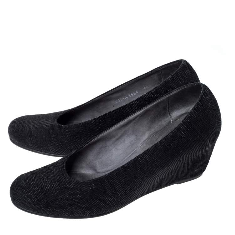 Pre Owned Stuart Weitzman Black Textured Suede Leather Wedge Heels Pumps Size 40.5