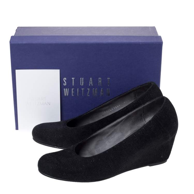 Pre Owned Stuart Weitzman Black Textured Suede Leather Wedge Heels Pumps Size 40.5