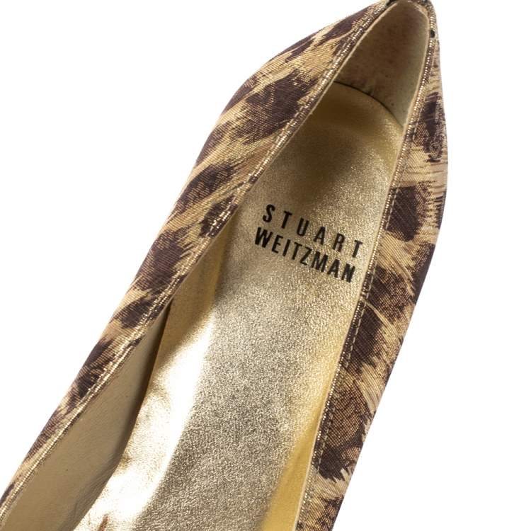 Pre Owned Stuart Weitzman Metallic Lamé Fabric Leopard Print Bow Peep Toe Pumps Size 39.5