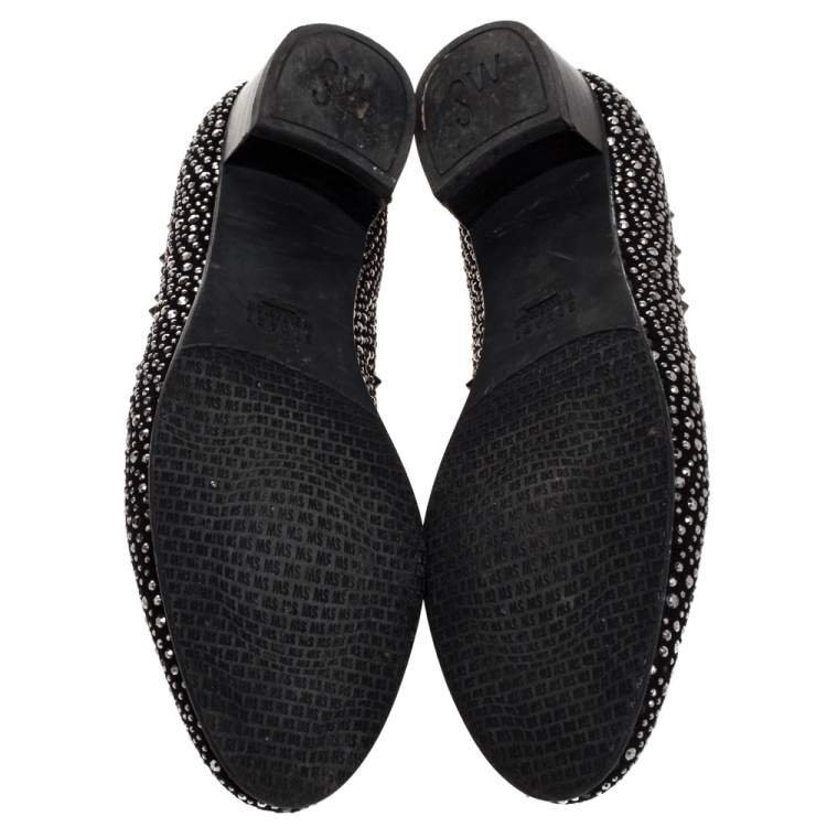 Pre Owned Stuart Weitzman Black Embellished Suede Leather Slip On Smoking Slippers Size 40