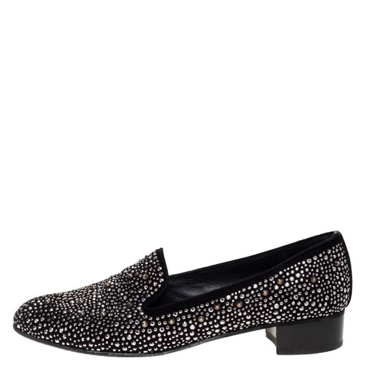 Pre Owned Stuart Weitzman Black Embellished Suede Leather Slip On Smoking Slippers Size 40