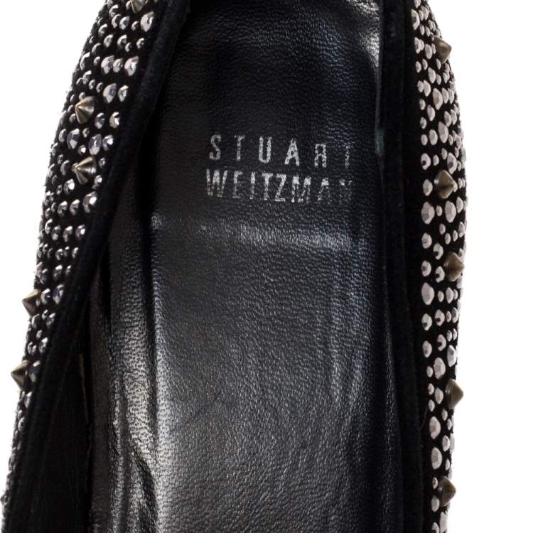 Pre Owned Stuart Weitzman Black Embellished Suede Leather Slip On Smoking Slippers Size 40