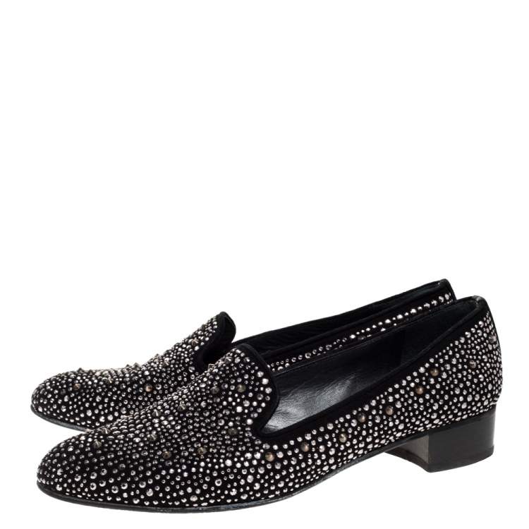 Pre Owned Stuart Weitzman Black Embellished Suede Leather Slip On Smoking Slippers Size 40