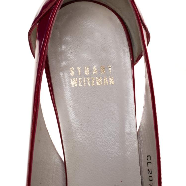 Pre Owned Stuart Weitzman Red Patent Leather Buckle Detail Open Toe Wedge Pumps Size 40