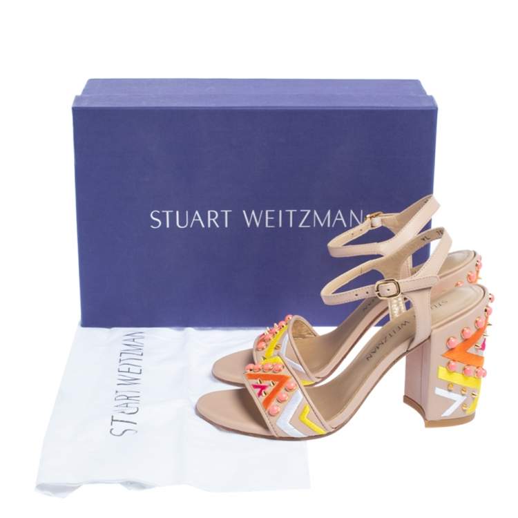 Pre Owned Stuart Weitzman Beige Embroidered Leather Embellished Block Heel Ankle Strap Sandals Size 36
