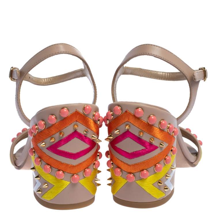 Pre Owned Stuart Weitzman Beige Embroidered Leather Embellished Block Heel Ankle Strap Sandals Size 36