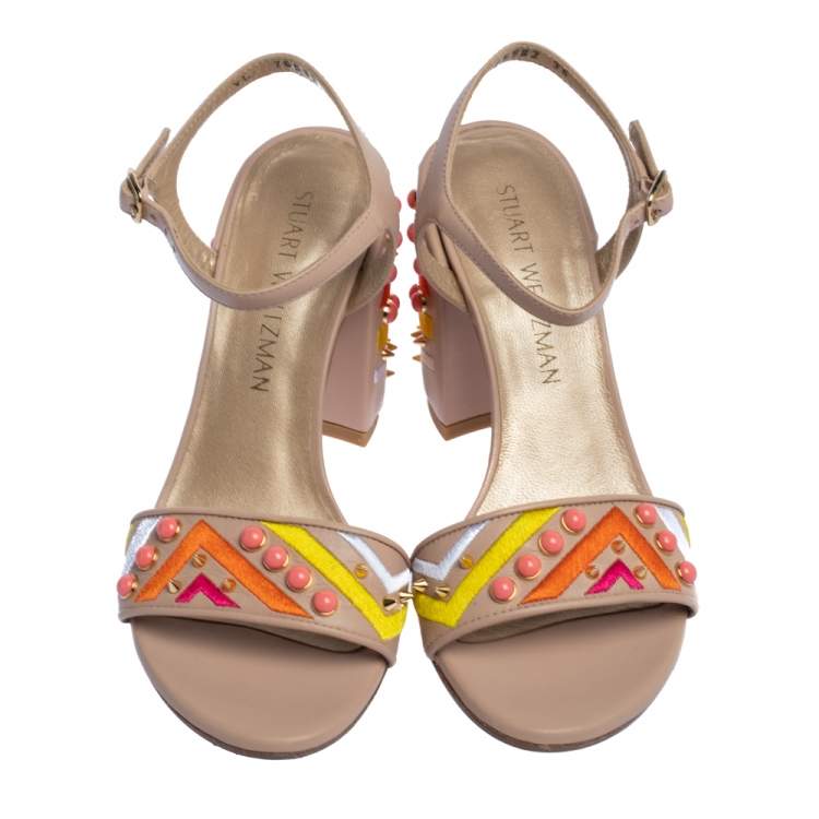 Pre Owned Stuart Weitzman Beige Embroidered Leather Embellished Block Heel Ankle Strap Sandals Size 36