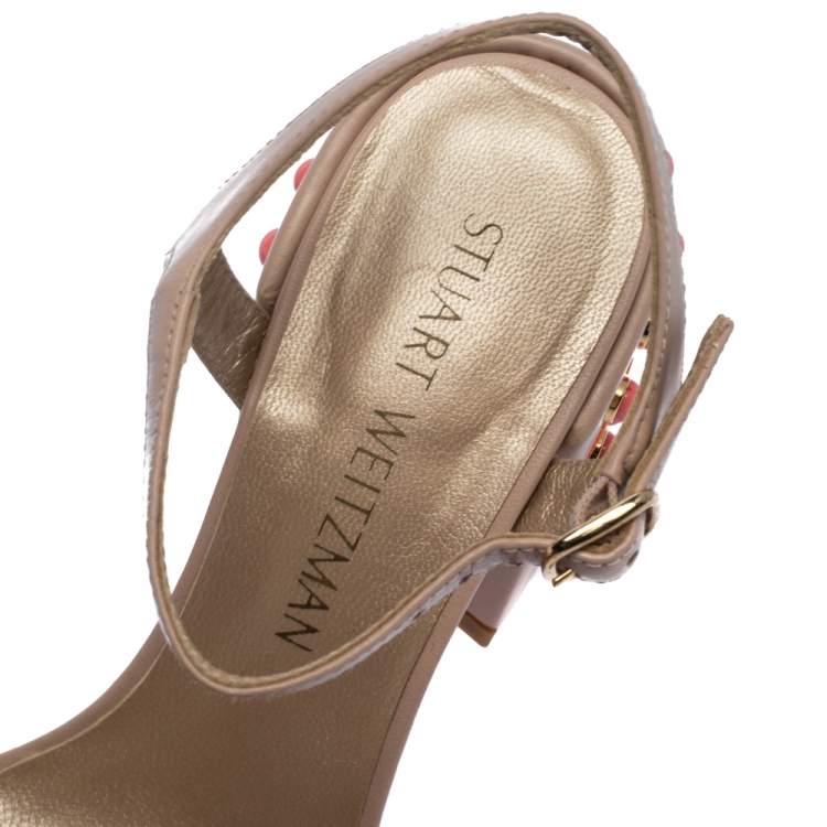 Pre Owned Stuart Weitzman Beige Embroidered Leather Embellished Block Heel Ankle Strap Sandals Size 36