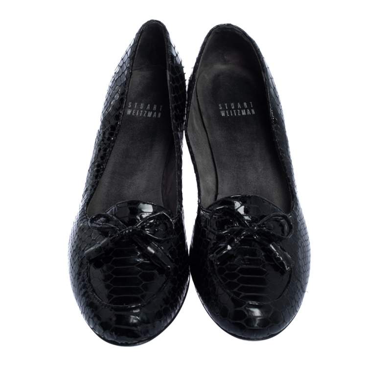 Pre Owned Stuart Weitzman Black Python Embossed Leather Wedge Bow Detail Loafer Pumps Size 38