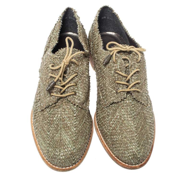 Pre Owned Stuart Weitzman Green Raffia Lace Up Oxfords Size 39