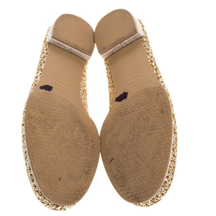 Pre Owned Stuart Weitzman Metallic Gold Glitter Perforated Leather and Canvas Ballet Flats Size 40