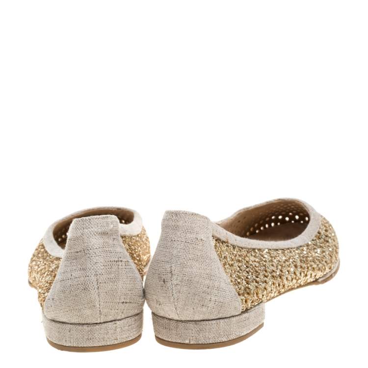 Pre Owned Stuart Weitzman Metallic Gold Glitter Perforated Leather and Canvas Ballet Flats Size 40