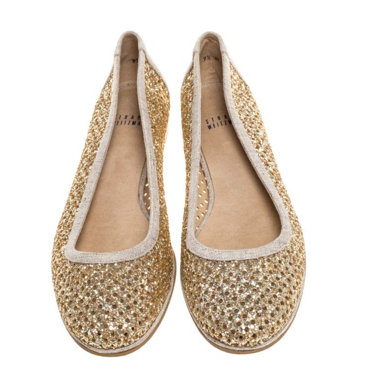 Pre Owned Stuart Weitzman Metallic Gold Glitter Perforated Leather and Canvas Ballet Flats Size 40