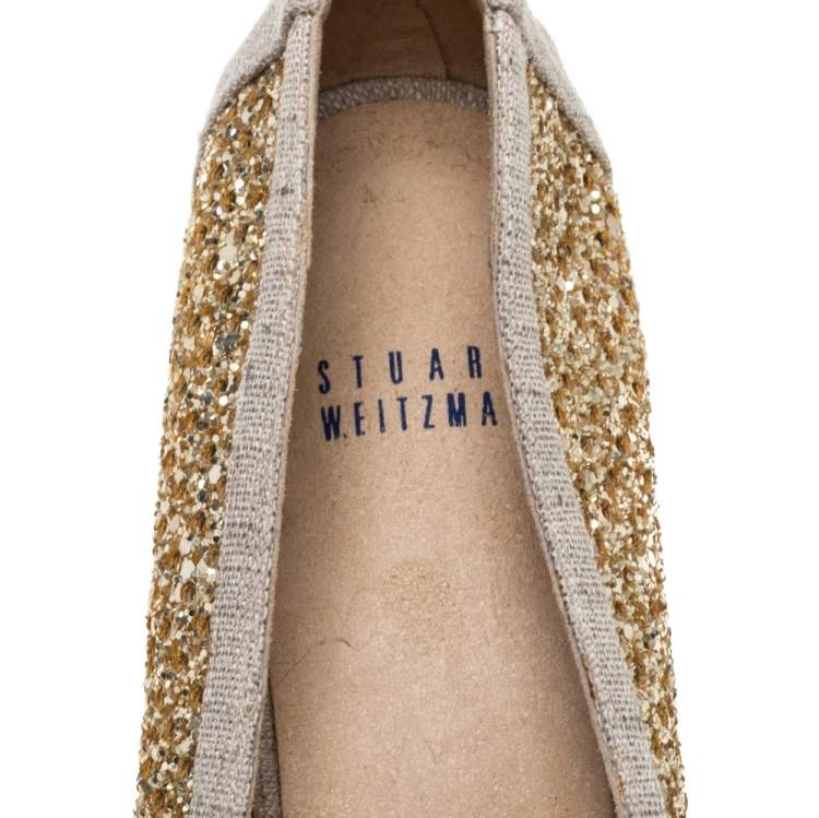 Pre Owned Stuart Weitzman Metallic Gold Glitter Perforated Leather and Canvas Ballet Flats Size 40