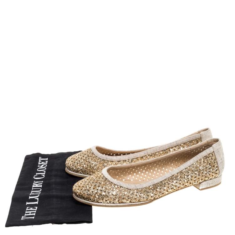 Pre Owned Stuart Weitzman Metallic Gold Glitter Perforated Leather and Canvas Ballet Flats Size 40