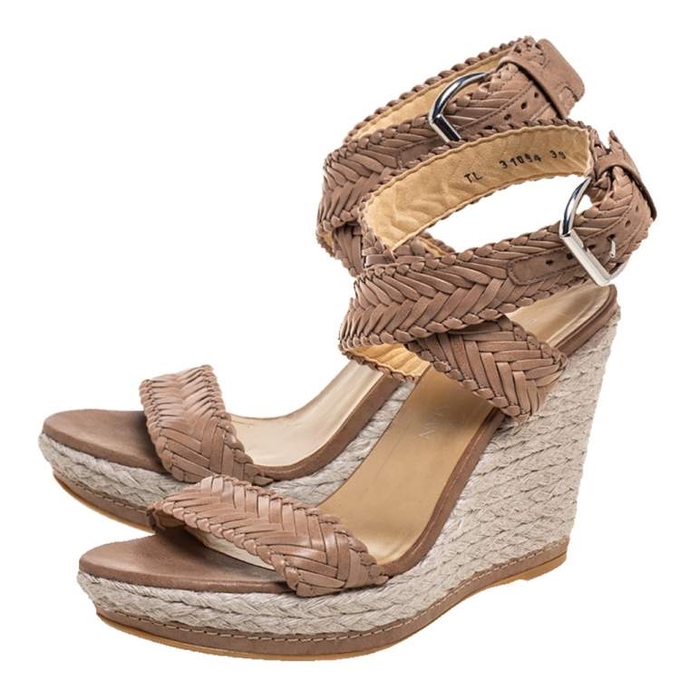 Pre Owned Stuart Weitzman Beige Leather And Espadrille Ankle Wrap Wedges Size 39