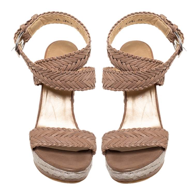 Pre Owned Stuart Weitzman Beige Leather And Espadrille Ankle Wrap Wedges Size 39