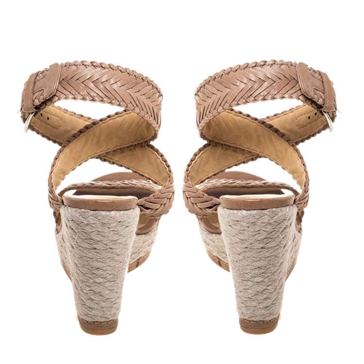 Pre Owned Stuart Weitzman Beige Leather And Espadrille Ankle Wrap Wedges Size 39