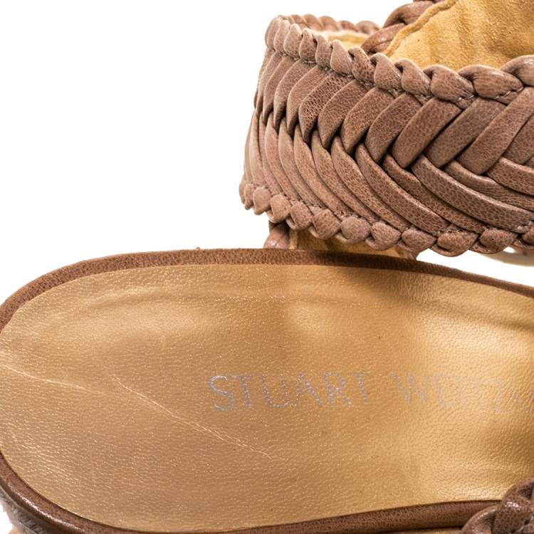 Pre Owned Stuart Weitzman Beige Leather And Espadrille Ankle Wrap Wedges Size 39
