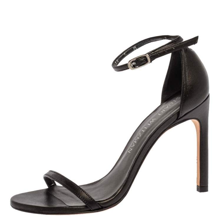 Pre Owned Stuart Weitzman Black Leather Nudist Ankle Strap Sandals Size 35.5