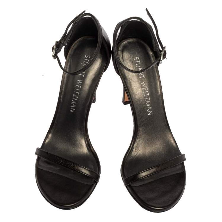 Pre Owned Stuart Weitzman Black Leather Nudist Ankle Strap Sandals Size 35.5