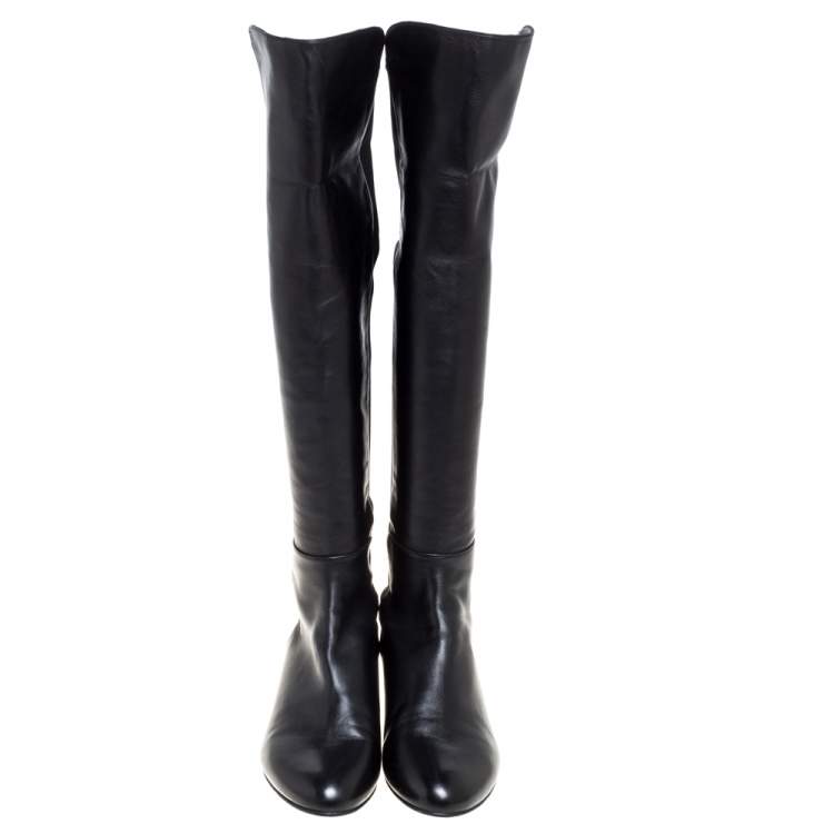 Pre Owned Stuart Weitzman Black Leather And Stretch Fabric Knee Length Flat Boots Sze 38.5 